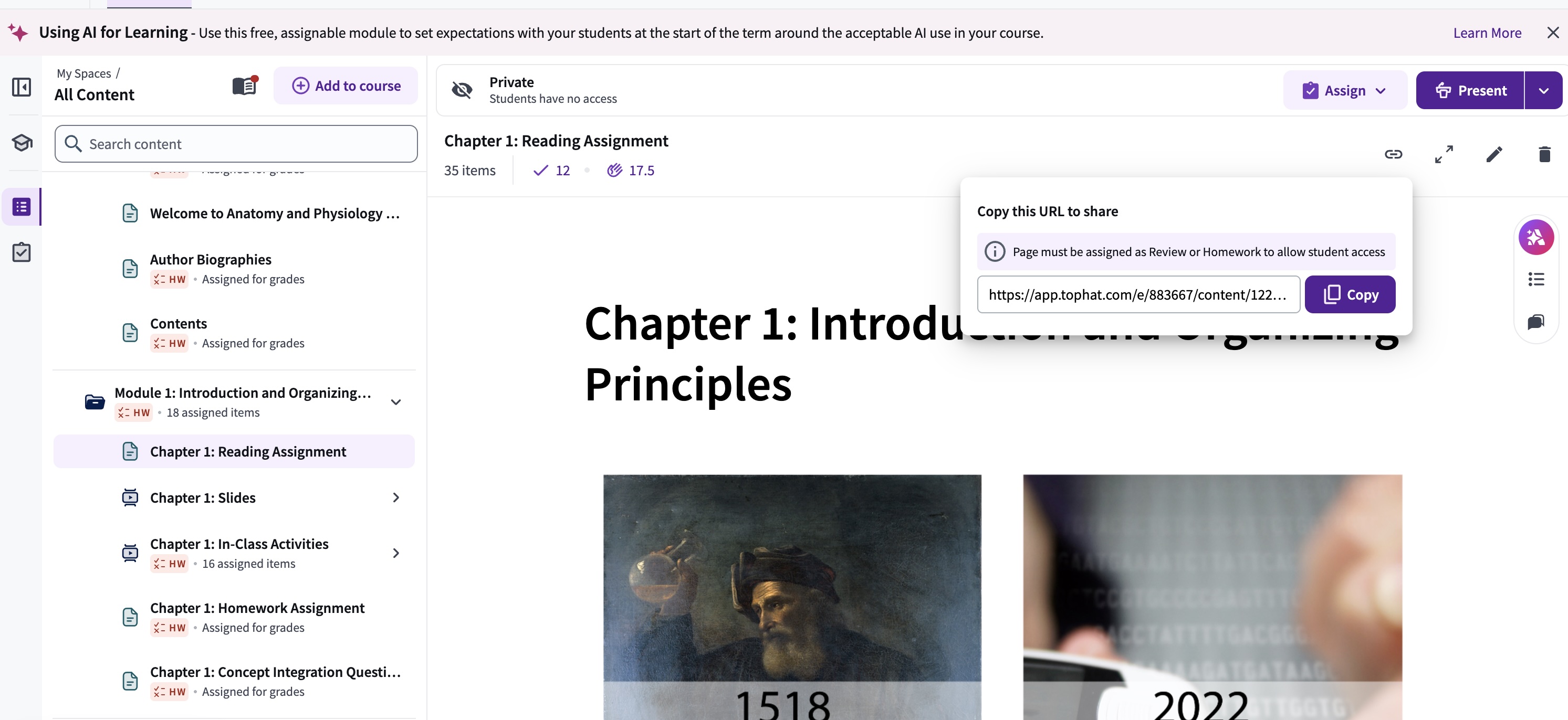 The "Copy this URL to share" modal in the content editor, showing the direct link and a purple "Copy" button.