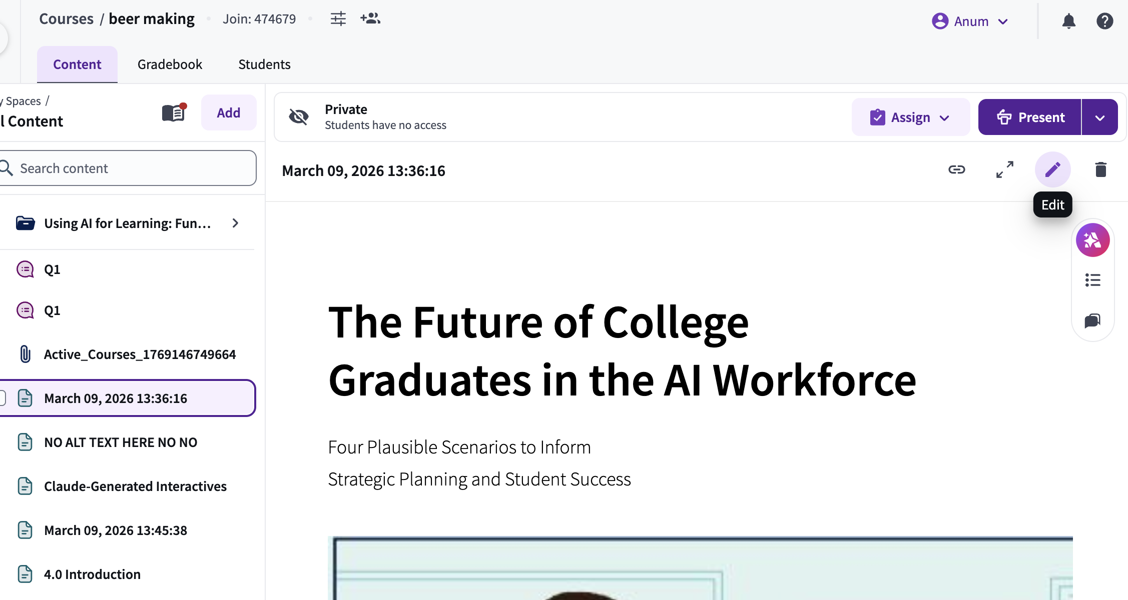 The location of the "Edit" button is in the top right corner of the content area, it is a circular purple button with a white pencil icon.