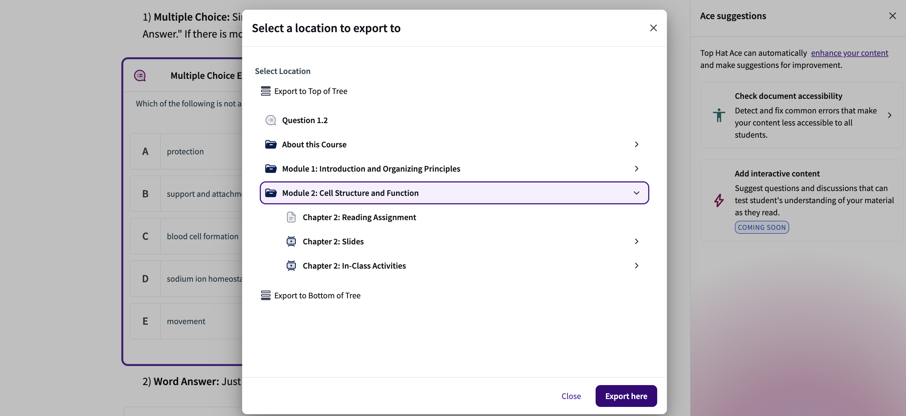 The "Select a location to export to" modal, showing the course folder structure and the "Export here" button.