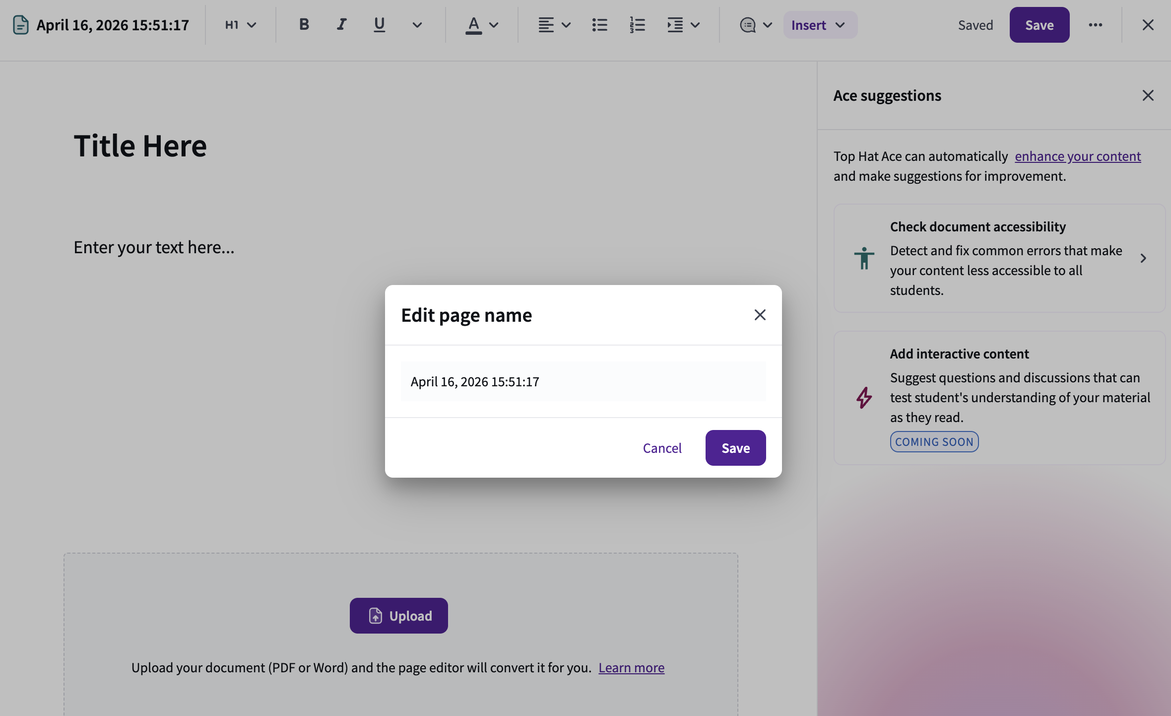 A pop-up window titled "Edit page name" appearing over the digital page editor, showing a text input field and a "Save" button.