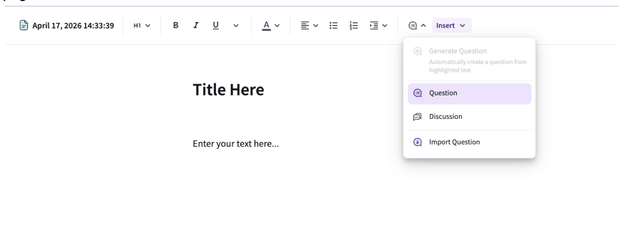 The interactive content dropdown menu in the page editor, showing options to add a Question, Discussion, or Import Question.