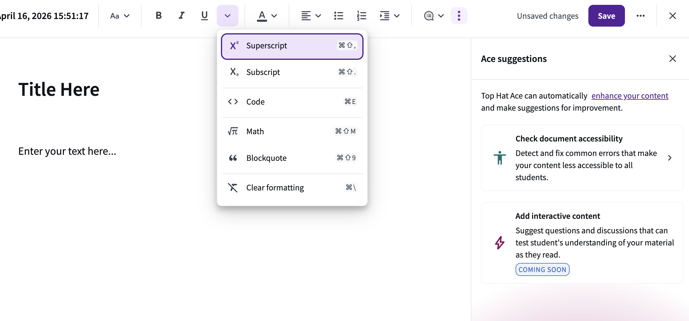The advanced notation dropdown menu in the page editor, featuring tools for superscript, subscript, math formulas, code blocks, and clearing text formatting.