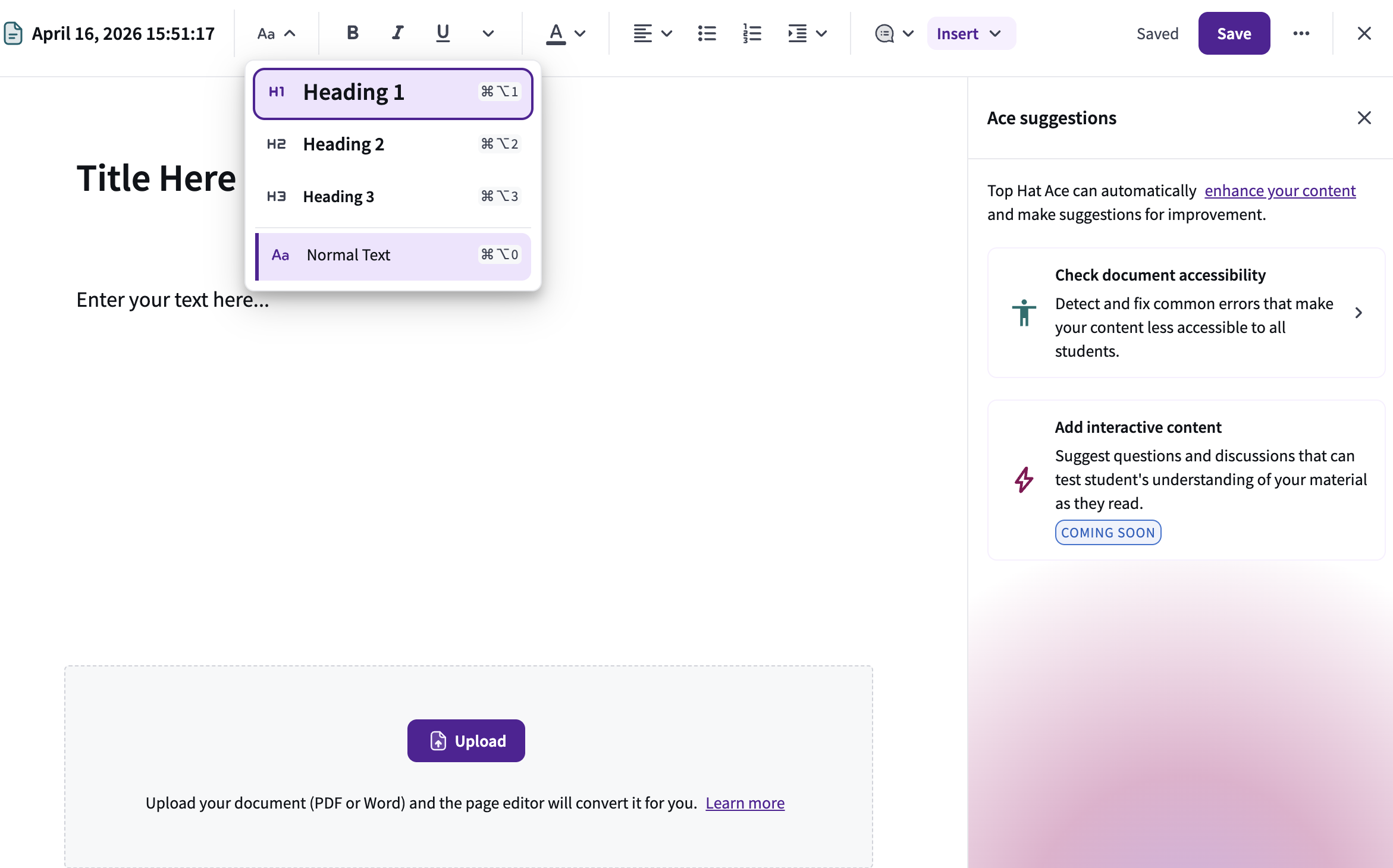 The text style dropdown menu in the page editor, showing heading levels H1 through H3 and a normal text option.