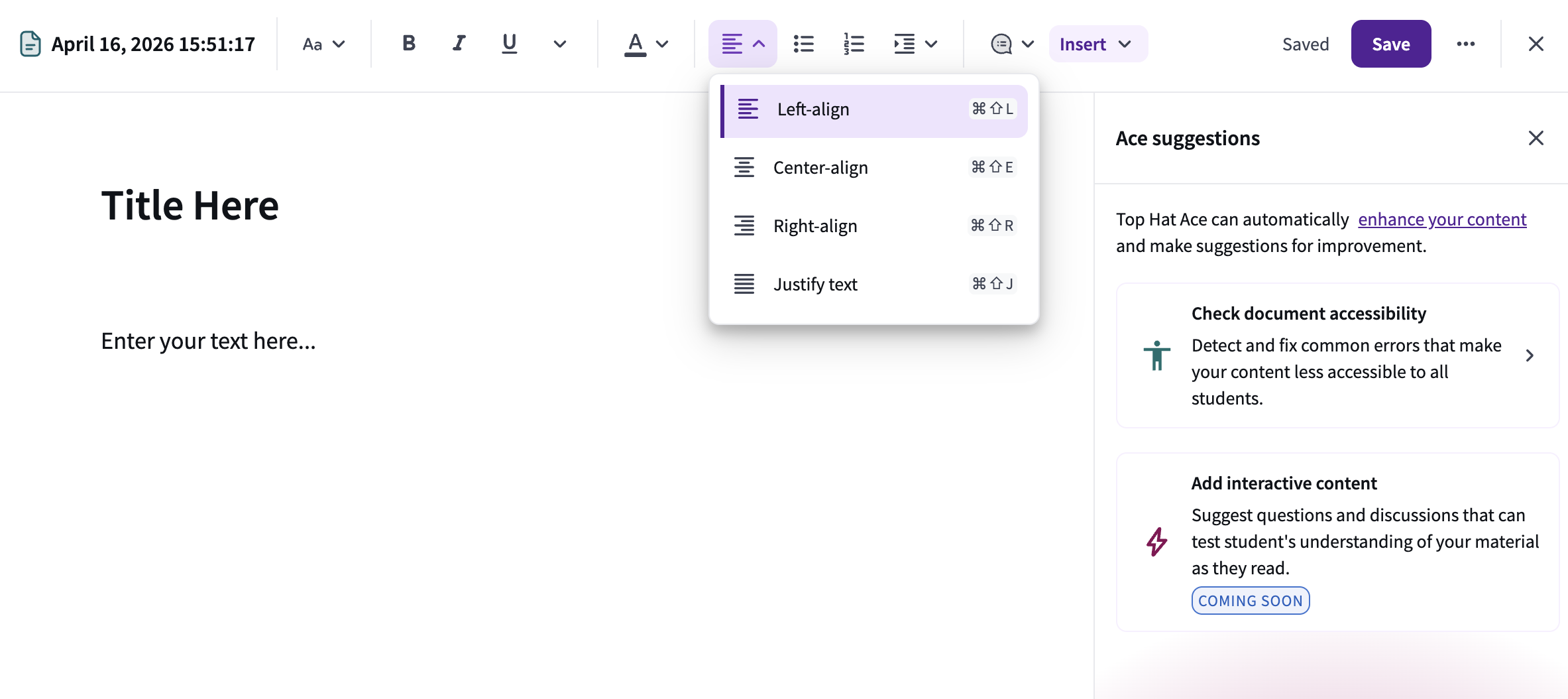 The text alignment dropdown menu in the page editor, showing options for left, center, right, and justified text.