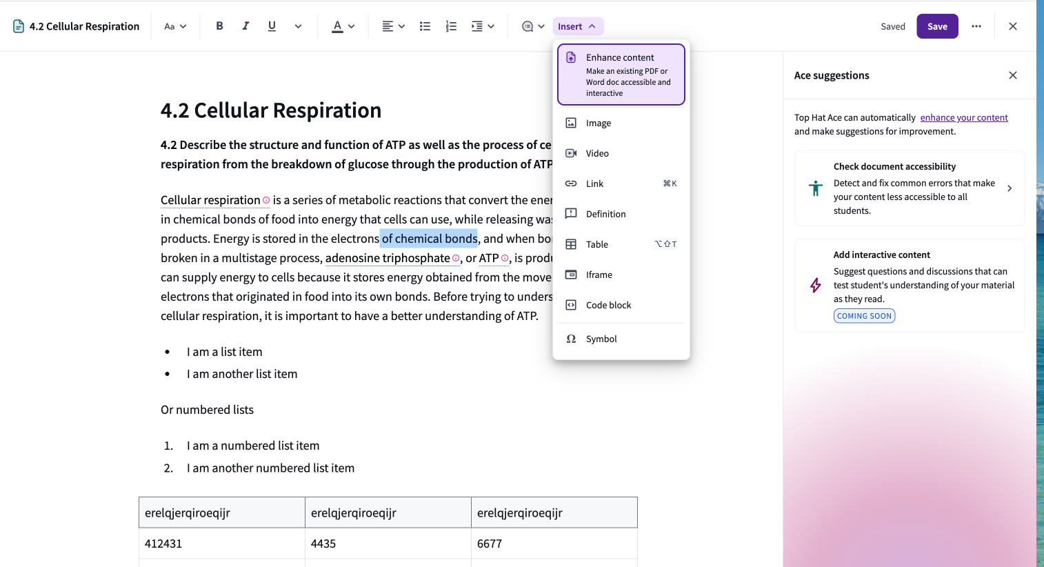The "Insert" menu in the page editor with the "Enhance content" tool selected for converting PDF or Word documents.