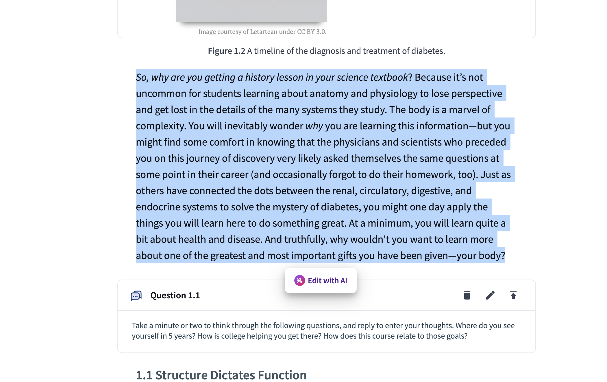 Showing the "Edit with AI" button appearing beneath a highlighted paragraph in the page editor.