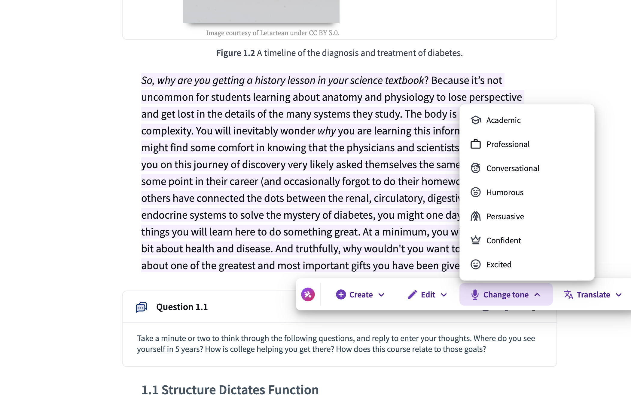 The "Change tone" AI menu in the page editor, showing a list of writing styles including Academic, Professional, and Conversational.
