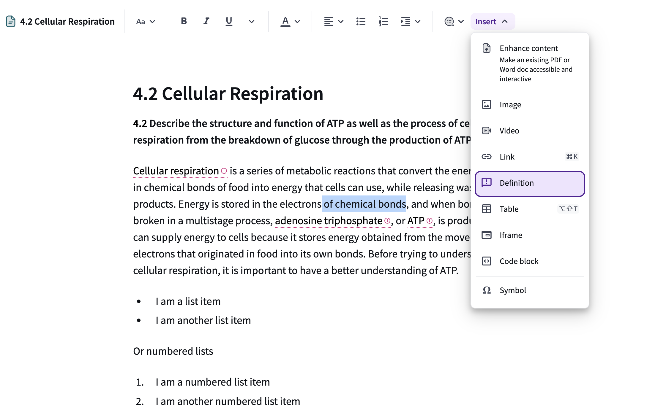 The "Insert" menu in the page editor with the "Definition" tool highlighted while a phrase in the text is selected.