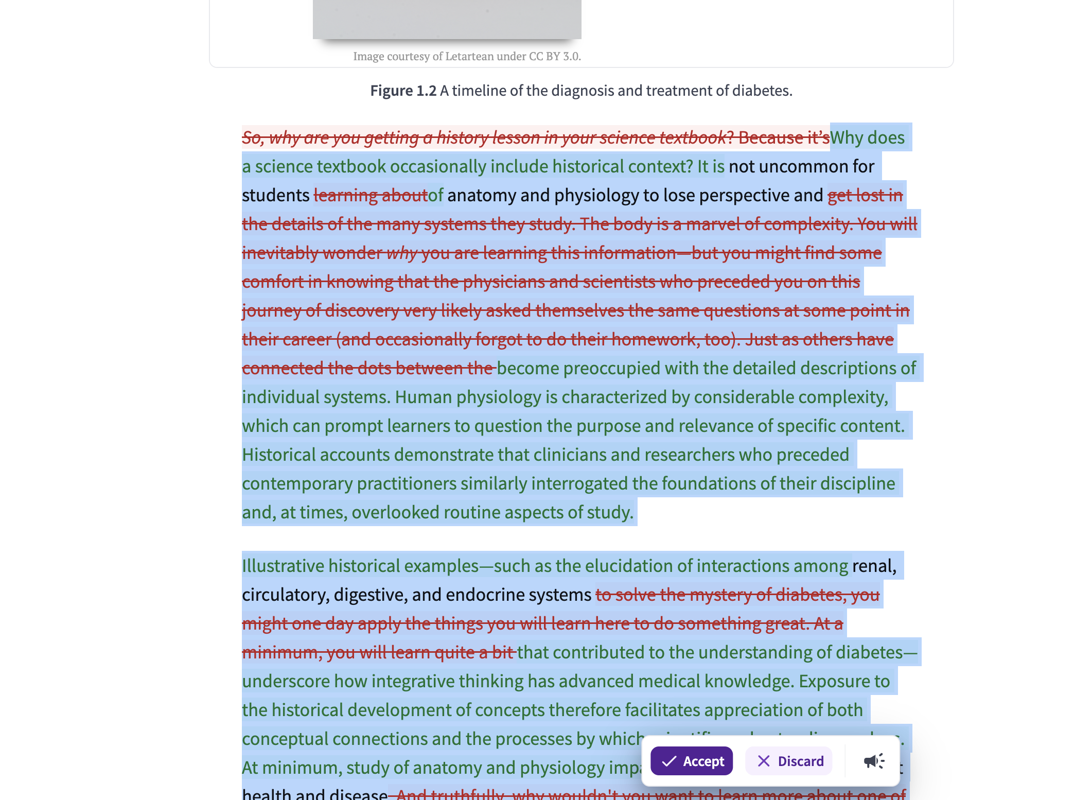A comparison view in the editor showing AI-suggested text changes with "Accept" and "Discard" buttons for final review.