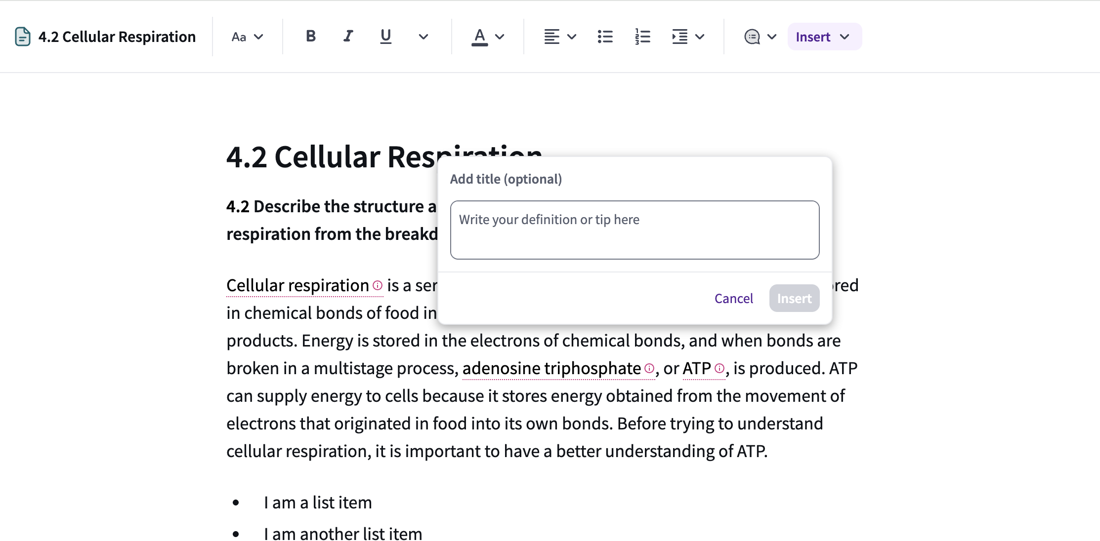 A pop-up window in the page editor used to enter text for a rollover definition or tip.