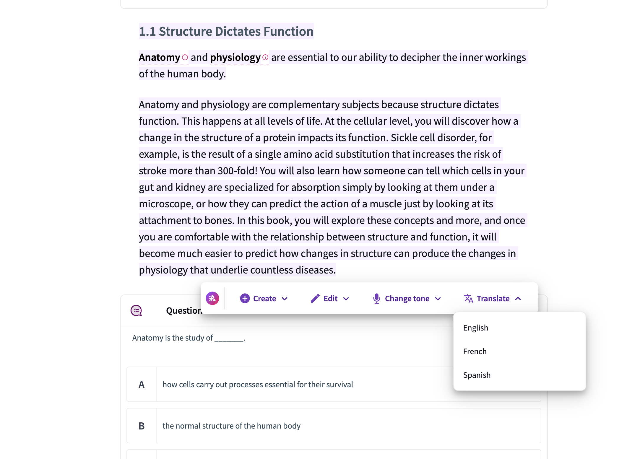 The "Translate" AI menu in the page editor, displaying options to translate highlighted text into English, French, or Spanish.