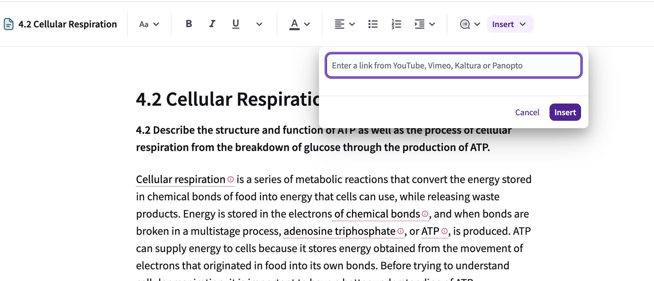 A pop-up window in the page editor used to insert video links from platforms like YouTube or Vimeo.