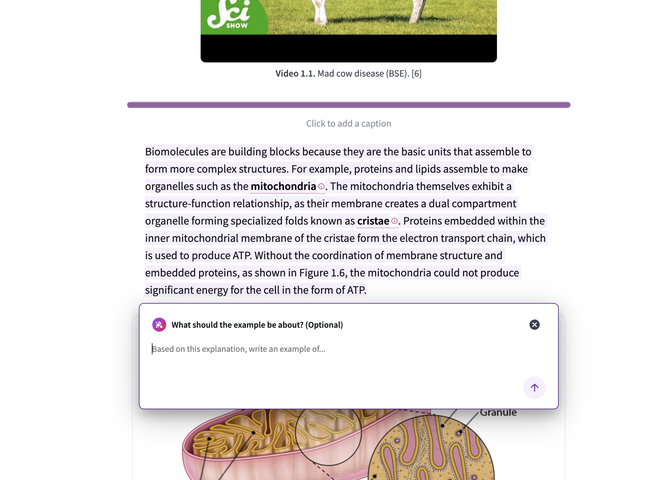 An AI prompt window in the page editor asking the user to describe a personalized example based on the selected text.