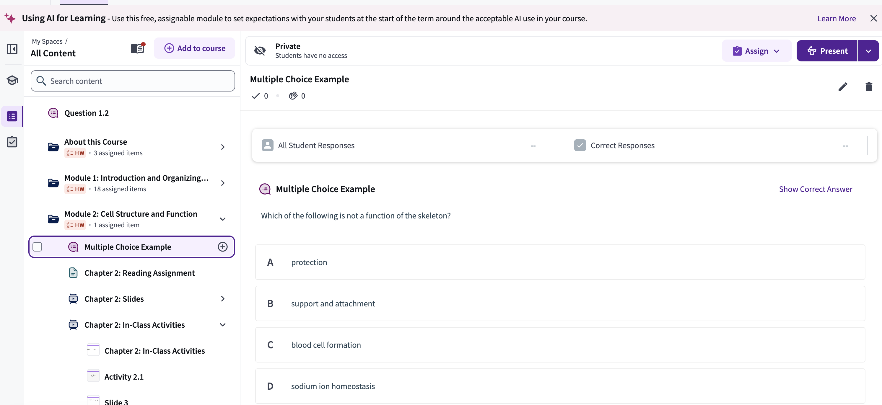 A view of the content tree showing a multiple-choice question successfully exported as a standalone item within a course module.