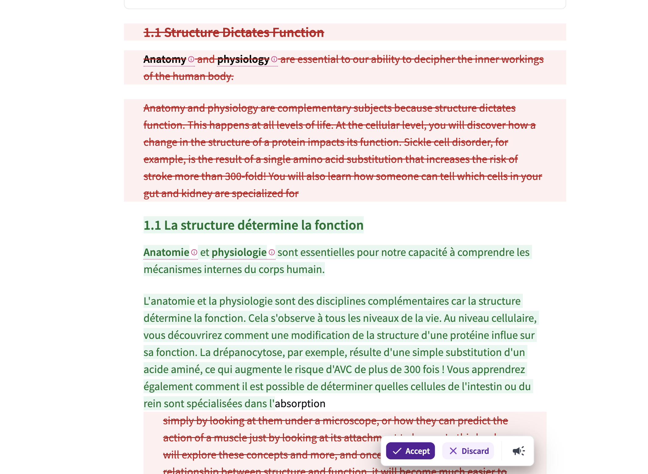 A "track changes" view in the editor showing an AI-generated French translation alongside the original English text, with buttons to accept or discard the update.