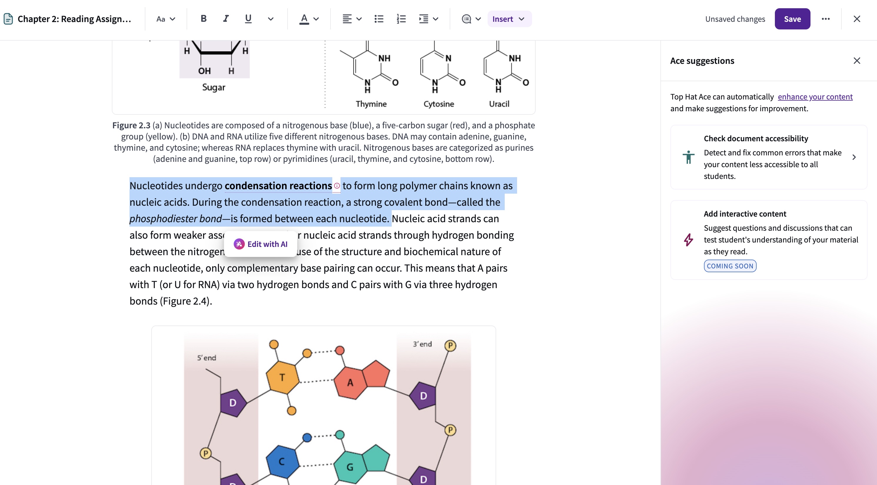 A view of the content editor with the "Edit with AI" button appearing over a highlighted paragraph in a science lesson.