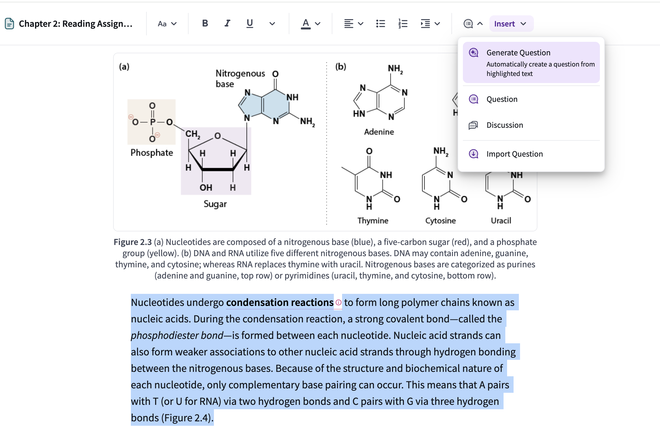 The "Generate Question" AI tool selected in the interactive content menu while a paragraph of text is highlighted in the editor.