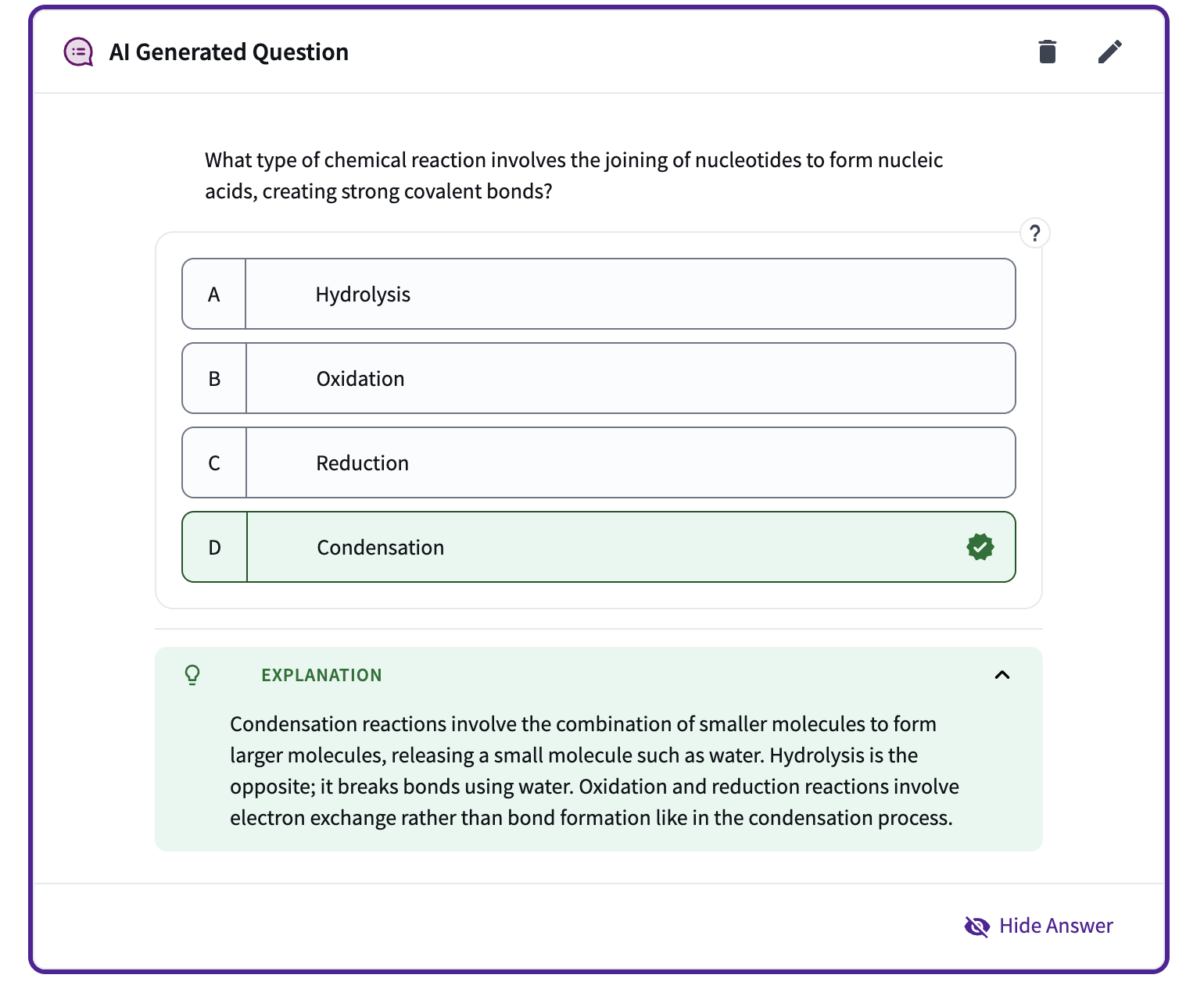 An example of an AI-generated multiple-choice question on chemical reactions, showing the correct answer (Condensation) and a supporting explanation block.