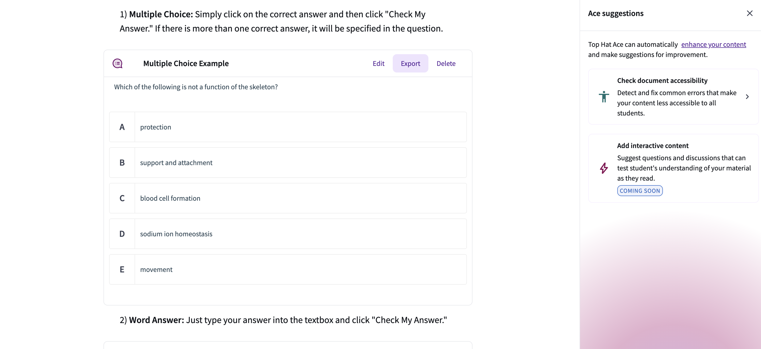 A view of the question block header in the editor with the "Export" button highlighted in purple.