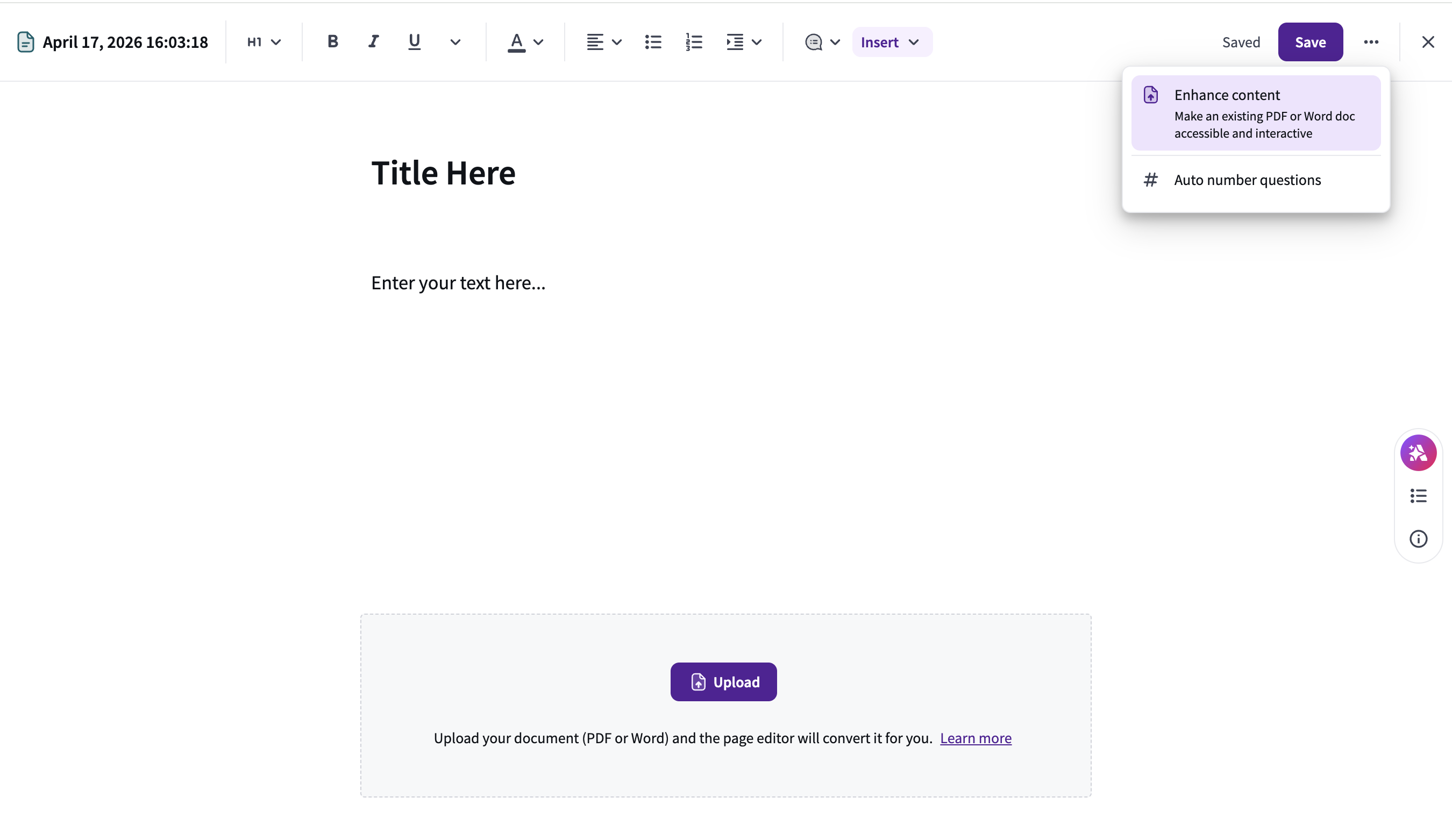 The page editor view showing the "Enhance content" menu option and the central upload box for converting existing PDF or Word documents.