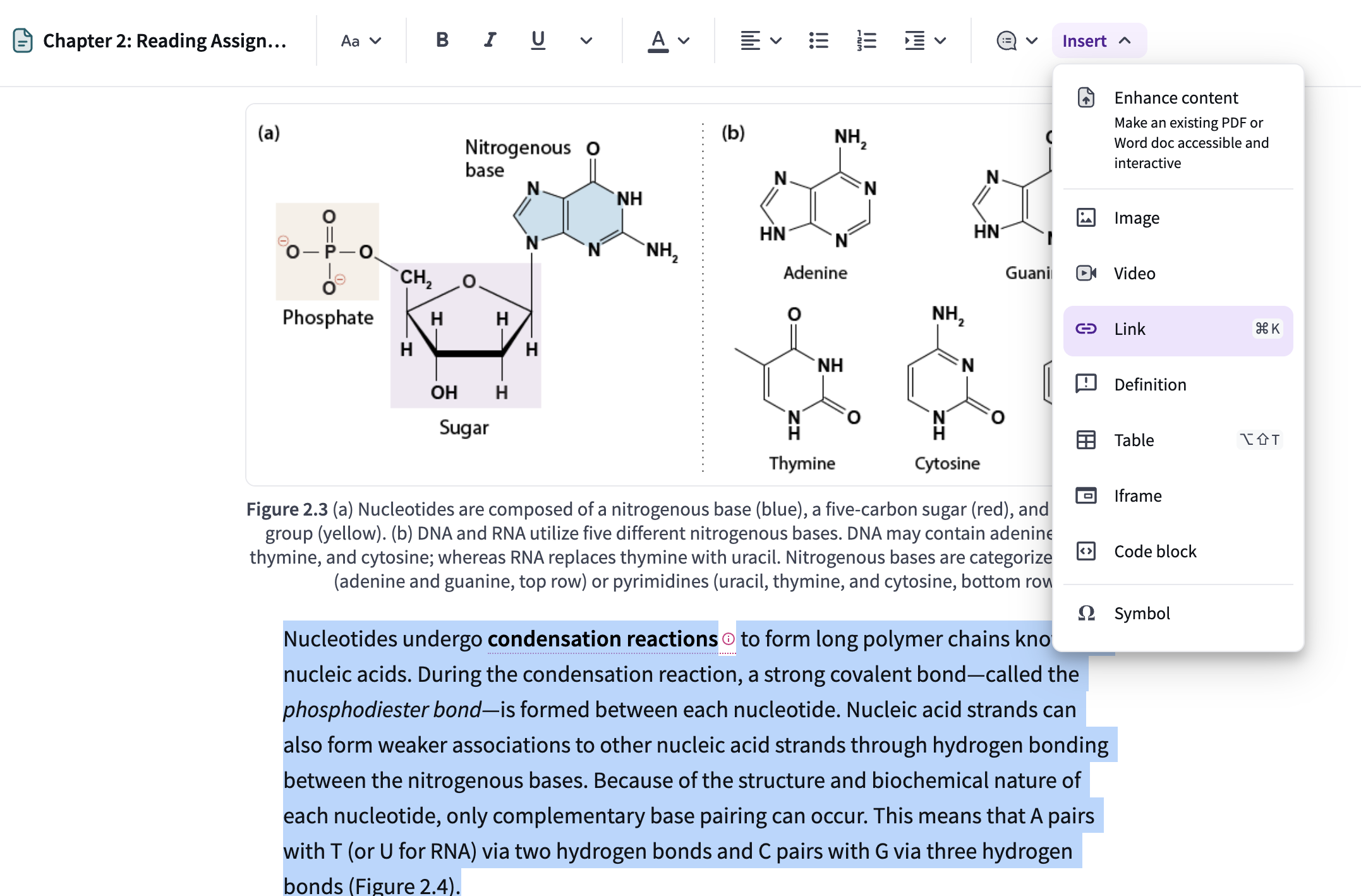 The "Insert" menu in the page editor with the "Link" tool selected while a paragraph of text is highlighted.
