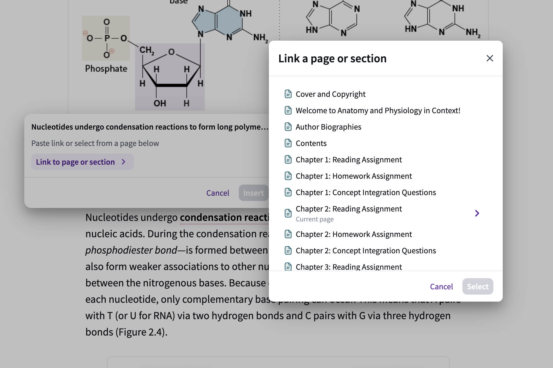 The internal linking tool showing a list of course chapters and sections available to be linked to the selected text.